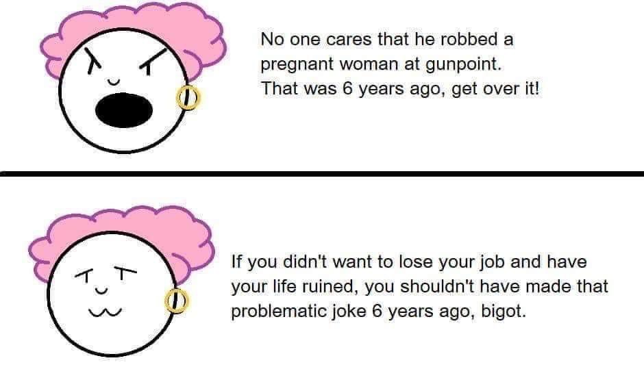 No one cares that he robbed a pregnant woman at gunpoint. That was 6 years ago, get over it! you didn't want to lose your job and have your life ruined, you shouldn't have made that problematic joke 6 years ago, bigot. If ト