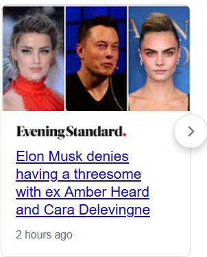 EveningStandard. Elon Musk denies having a threesome with ex Amber Heard and Cara Delevingne 2 hours ago