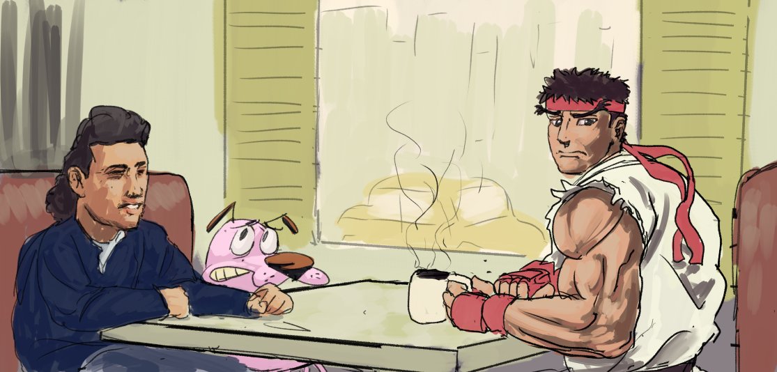 warmup art of Ryu, Jerry, and Courage at a diner | Know Your Meme