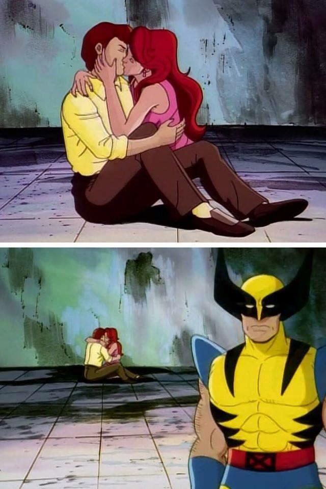 Blank template Jean Grey and Cyclops kissing and Wolverine turning away sadly