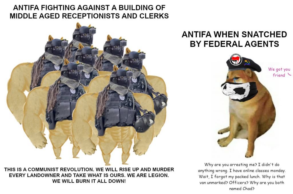 ANTIFA FIGHTING AGAINST A BUILDING OF MIDDLE AGED RECEPTIONISTS AND CLERKS ANTIFA WHEN SNATCHED BY FEDERAL AGENTS We got you friend Why are you arresting me? I didn't do anything wrong. I have online classes monday. Wait, I forgot my packed lunch. Why is that van unmarked? Officers? Why are you both THIS IS A COMMUNIST REVOLUTION. WE WILL RISE UP AND MURDER EVERY LANDOWNER AND TAKE WHAT IS OURS. WE ARE LEGION. WE WILL BURN IT ALL DOWN! named Chad?