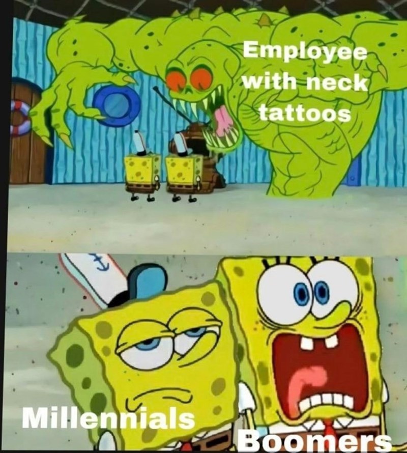 Employee with neck tattoos Millennials Boomers