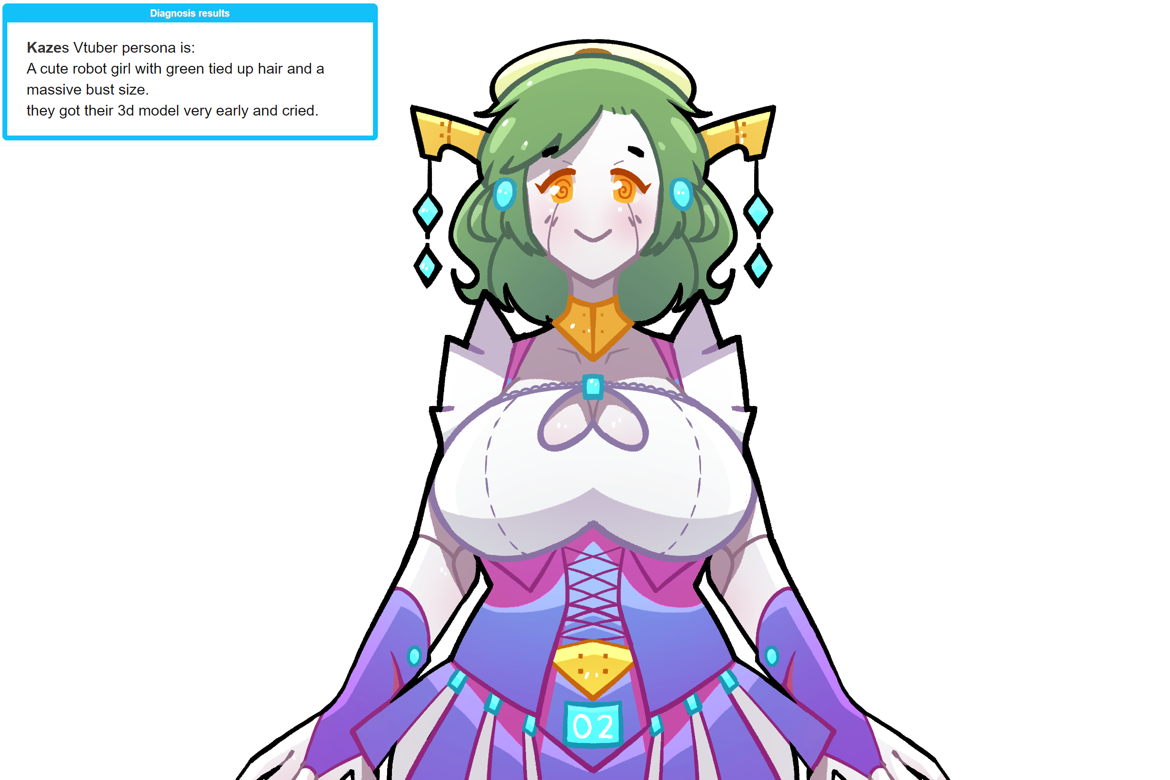 Diagnosis results Kazes Vtuber persona is: A cute robot girl with green tied up hair and a massive bust size. they got their 3d model very early and cried. 02