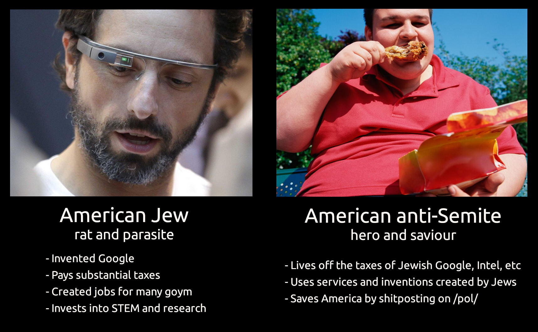 American Jew rat and parasite American anti-Semite hero and saviour - Invented Google - Lives off the taxes of Jewish Google, Intel, etc - Pays substantial taxes - Created jobs for many goym - Uses services and inventions created by Jews - Saves America by shitposting on /pol/ - Invests into STEM and research