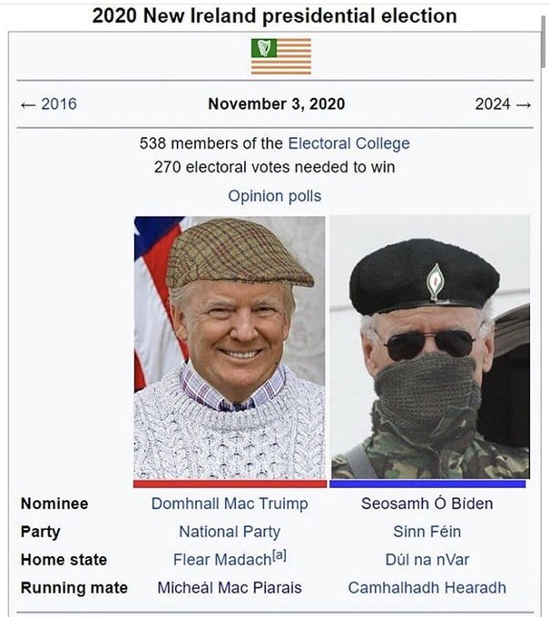 2020 New Ireland presidential election + 2016 November 3, 2020 2024 - 538 members of the Electoral College 270 electoral votes needed to win Opinion polls Nominee Domhnall Mac Truimp Seosamh Ó Biden Party National Party Sinn Féin Home state Flear Madachla] Dúl na nVar Running mate Micheál Mac Piarais Camhalhadh Hearadh