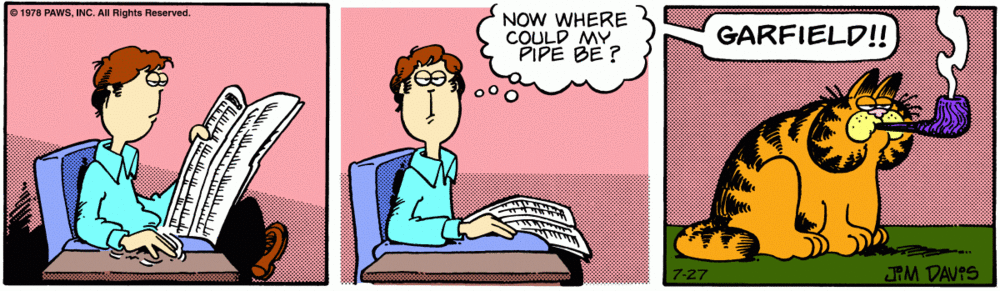 1978 PAWS, INC. All Rights Reserved. NOW WHERE COULD MY PIPE BE ? GARFIELD!! 7-27 JRM DAVIS