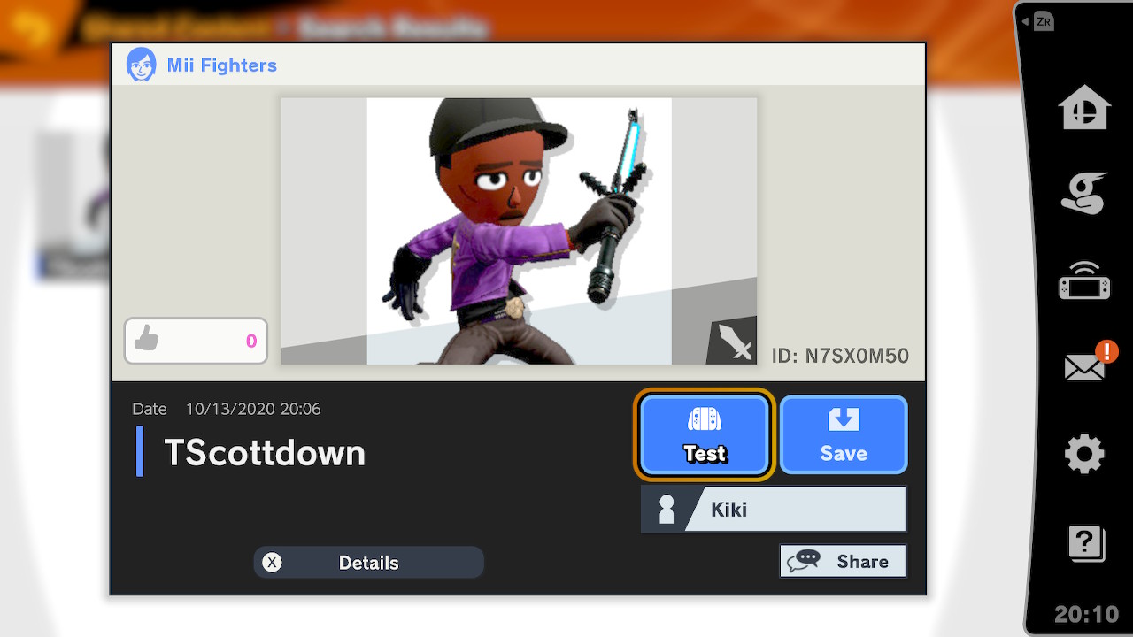 ZR A Mii Fighters ID: N7SXOM50 Date 10/13/2020 20:06 | TScottdown Test Save Kiki Details Share 20:10