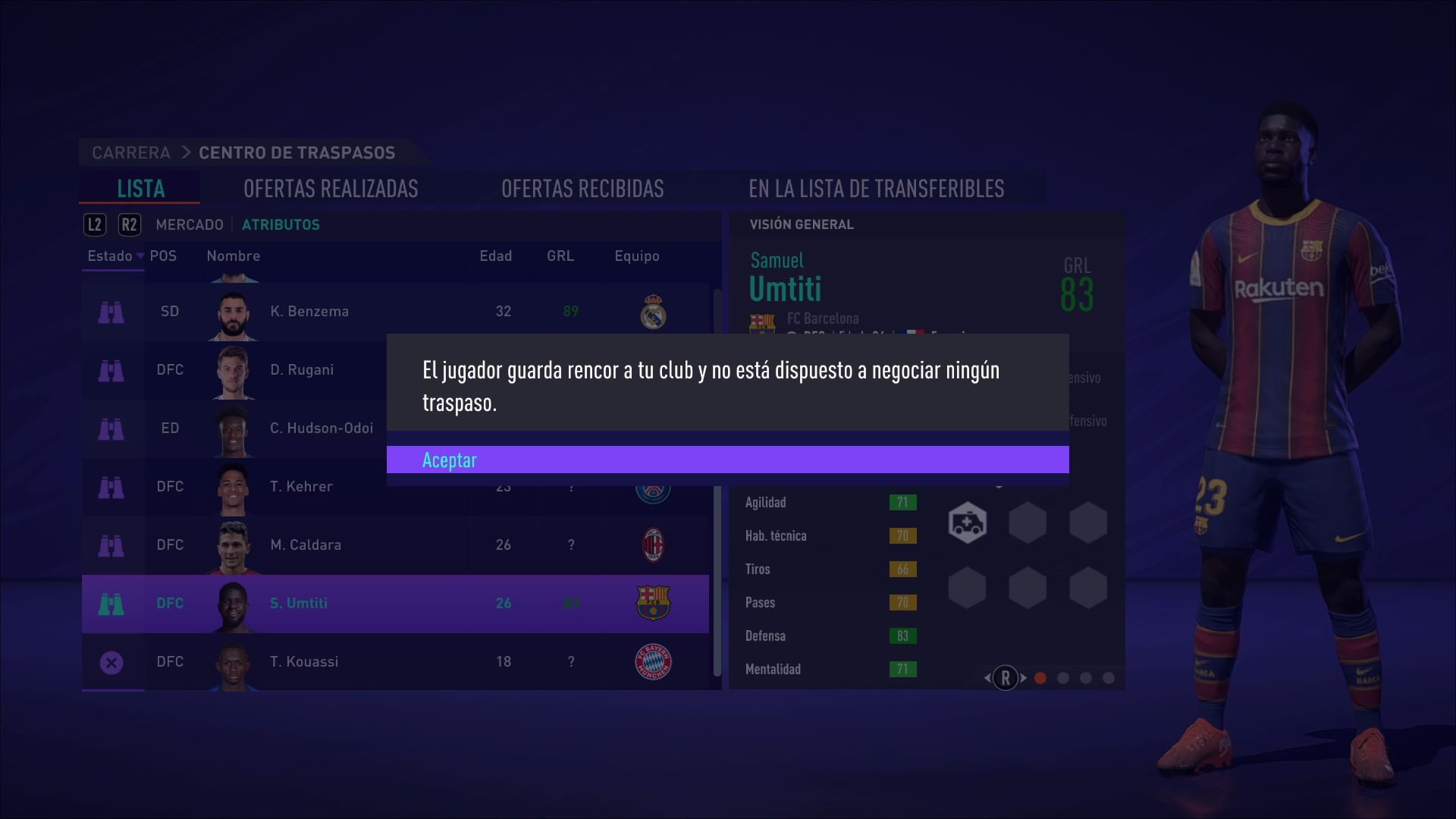 CARRERA > CENTRO DE TRASPASOS LISTA OFERTAS REALIZADAS OFERTAS RECIBIDAS EN LA LISTA DE TRANSFERIBLES L2 R2 MERCADO ATRIBUTOS VISIÓN GENERAL Estado POS Nombre Edad GRL Equipo Samuel GRL bek Umtiti 83 Rakuten SD K. Benzema 32 89 FC Barcelona D. Rugani El jugador guarda rencor a tu club y no está dispuesto a negociar ningún DFC ensivo traspaso. fensivo ED C. Hudson-Odoi Аceptar 23 DFC T. Kehrer Agilidad Hab. técnica 70 DFC M. Caldara 26 ? Tiros 66 DFC S. Umtiti 26 Pases 70 Defensa 83 BA DFC T. Kouassi 18 Mentalidad 71 RASGA 8)