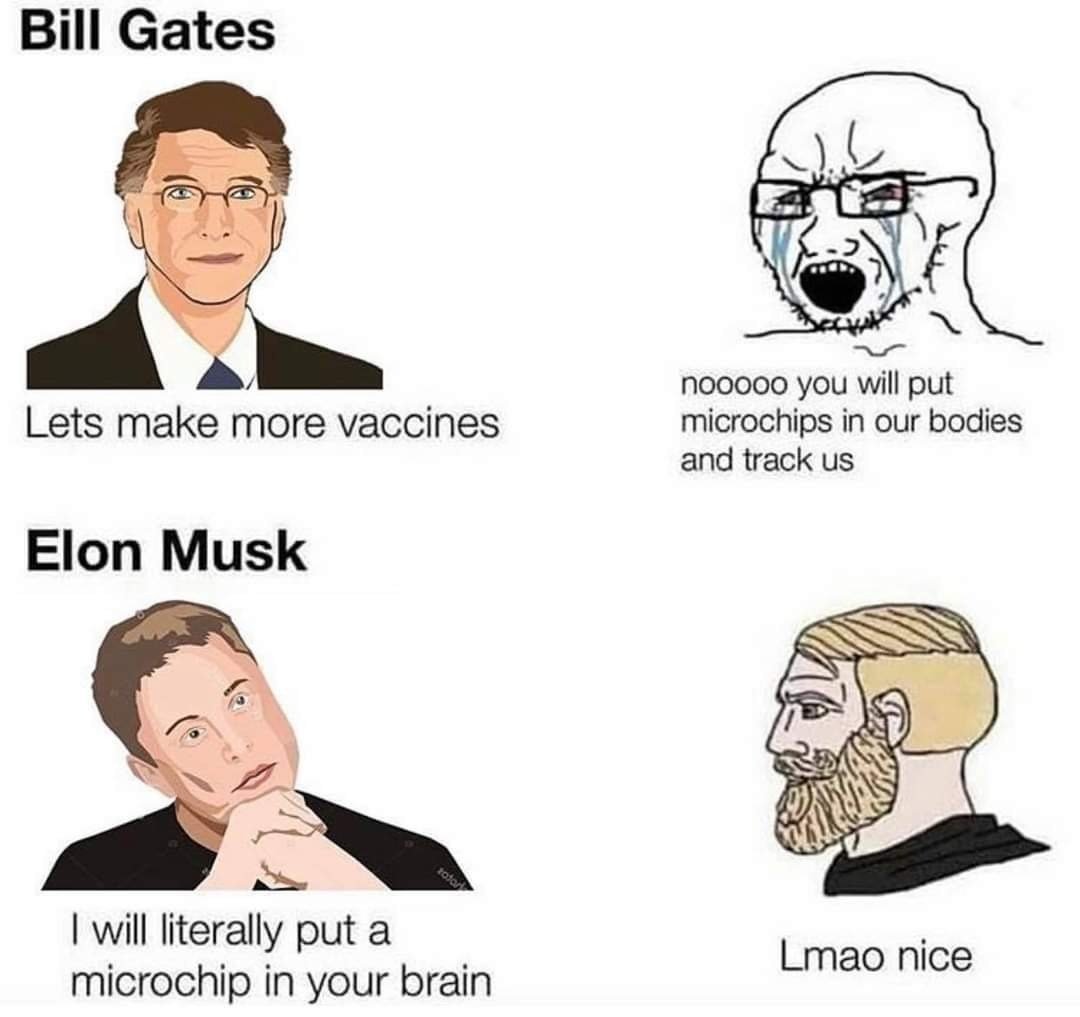 Bill Gates nooo0o you will put microchips in our bodies and track us Lets make more vaccines Elon Musk I will literally put a microchip in your brain Lmao nice