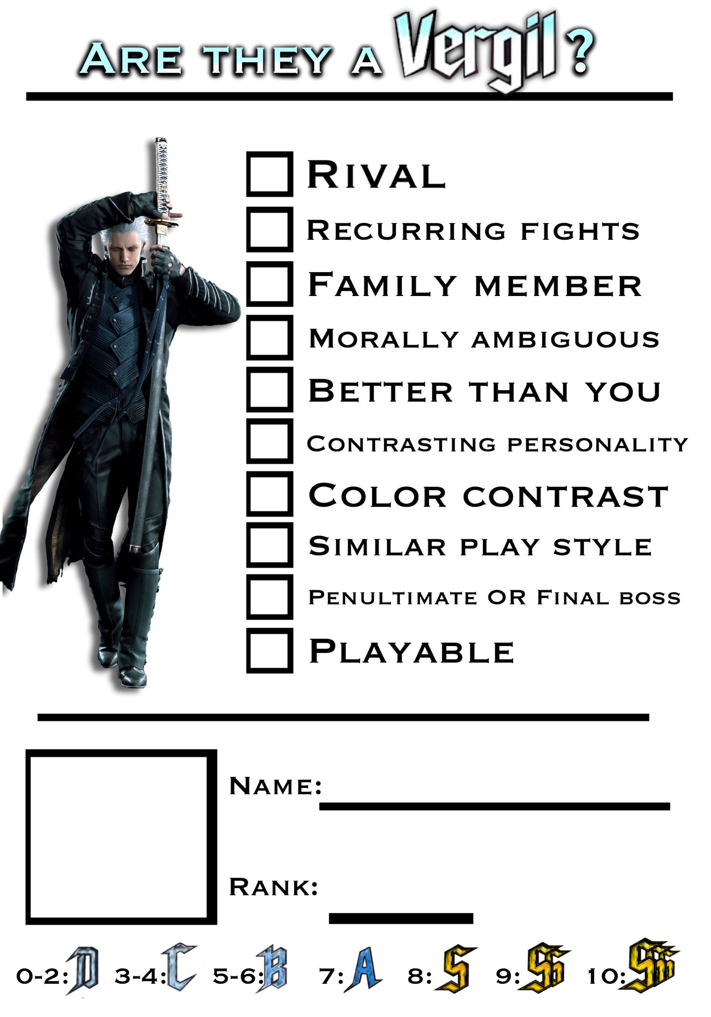 ARE THEY A Vergil? RIVAL RECURR ING FIGHTS FAMILY MEMBER MORALLY AMBIGUOUS BETTER THAN YOU CONTRASTING PERSONALITY COLOR CONTRAST SIMILAR PLAY STYLE PENULTIMATE OR FINAL BOSS PLAYABLE NAME: RANK: 0-2:) 3-4:C 5-63 7: 5 10: 5-6:0 8: 9: