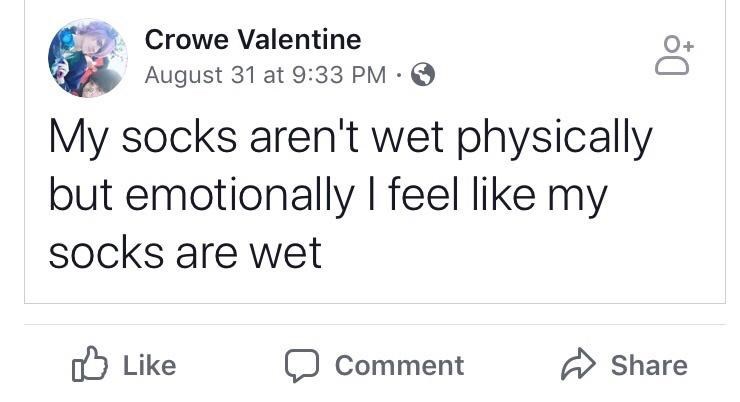 Crowe Valentine August 31 at 9:33 PM · My socks aren't wet physically but emotionally I feel like my socks are wet O Like Comment A Share