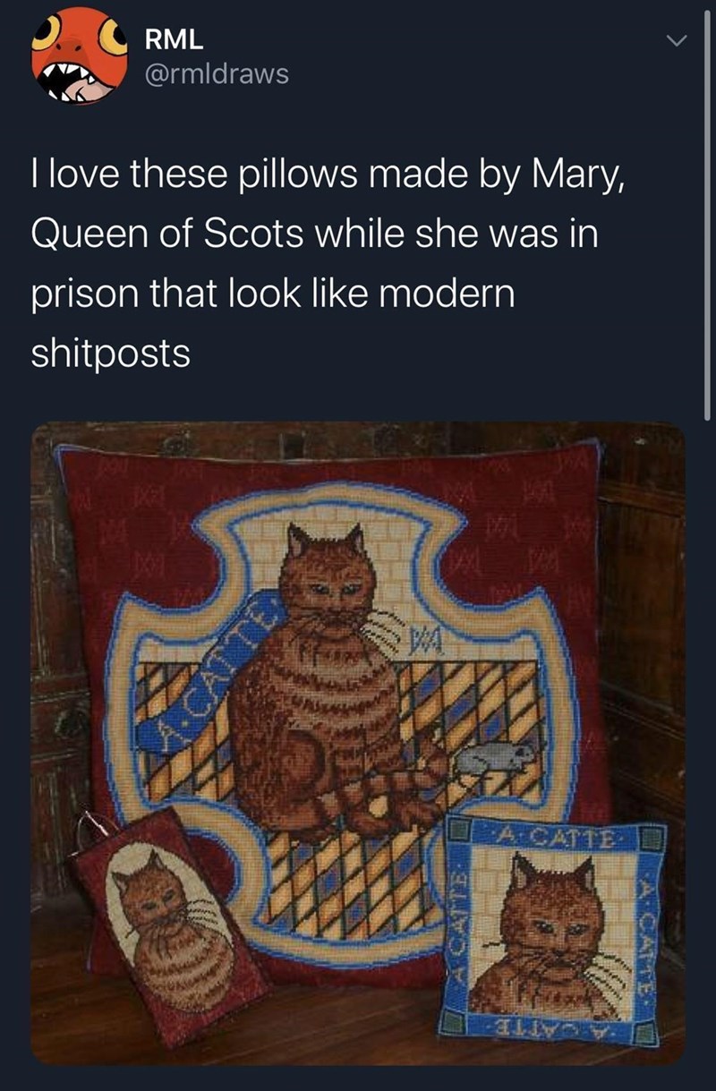 RML @rmldraws I love these pillows made by Mary, Queen of Scots while she was in prison that look like modern shitposts CATTE CATTE OACATTE TE