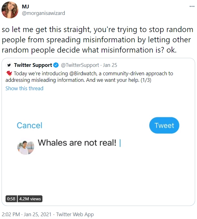 MJ ... @morganisawizard so let me get this straight, you're trying to stop random people from spreading misinformation by letting other random people decide what misinformation is? ok. Twitter Support O @TwitterSupport Jan 25 V Today we're introducing @Birdwatch, a community-driven approach to addressing misleading information. And we want your help. (1/3) Show this thread Cancel Tweet Whales are not real! | 0:58 4.2M views 2:02 PM · Jan 25, 2021 · Twitter Web App