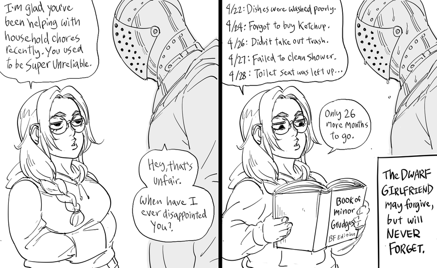 I'm glad you've been helping with household chores recently. You used To be Super Unreliable. 42: Dishes wore washed poorly. 4/4: Forgot to buy Ketchup . 4/26: Didnit take out trash. 4/27: Failed to clean Shower. 4/28 : Toilet Seat was left up... Only 26 More Months to go. Hey,that's Unfair. The DWARF GIRLFRIEND may forgive, when have I ever disappointed You? BOOK of minor á but will NEVER FORGET. BF Edition