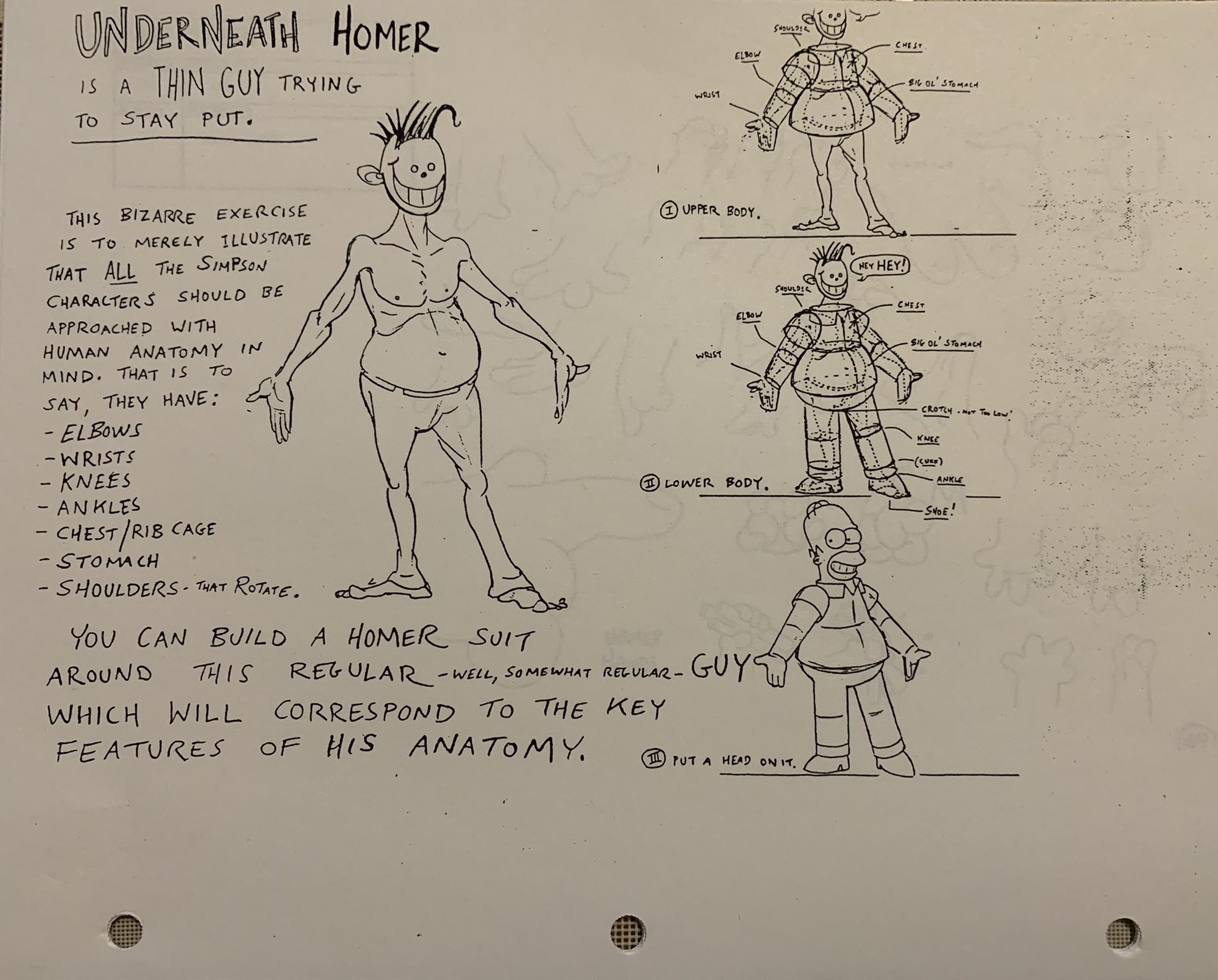 UNDERNEATH HOMER CHEST ELBOW iS A THIN GUY TRYING SIL OL' STOMACA WRIST To STAY PUT. THIS BIZARRE EXERCISE MERELY ILLUSTRATE 1 UPPER BODY. IS TO HEY HEY! THAT ALL THE SIMPSON SHOULD!S CHARACTER S SHOULD BE CHEST ELBOW APPROACHED WITH SIG OL' STOMAcH HUMAN ANATOMY IN WRIST TO MIND. THAT IS SAY, THEY HAVE: - ELBOWS - WRISTS - KNEES - ANKLES - CHEST/RIB CAGE - STOMA CH - SHOULDERS- THAT CROTCY - Mer To Low' KNEE (CUEr) LOWER BODY. ANKLE SVOE! ROTATE. You CAN BUILD A HOMER SUIT AROUND 지 IS REGULAR-WELL, SOMEWHAT RELULAR - GUY WHICH WILL CORRES POND TO THE KEY FEATURES OF HIS ANA TOMY. TIL PUT A HEAD ON IT.