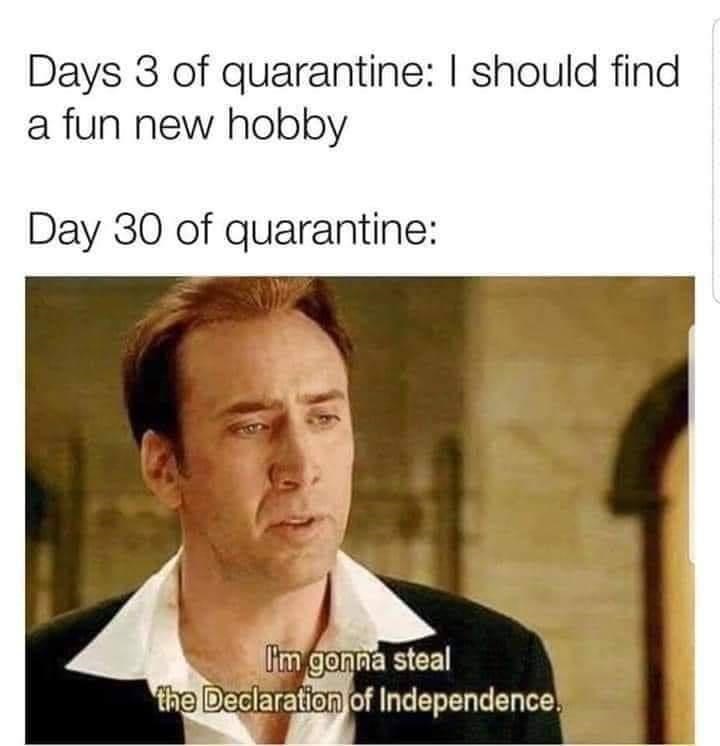 Days 3 of quarantine: I should find a fun new hobby Day 30 of quarantine: I'm gonna steal the Declaration of Independence.