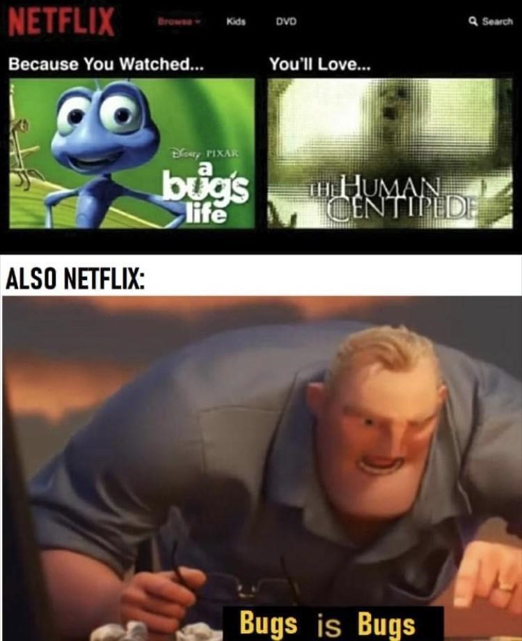 NETFLIX Browse Kids DVD Q Search Because You Watched.. You'll Love... DEary PIXAR bugs life THUMAN CENTIPEDE ALSO NETFLIX: Bugs is Bugs