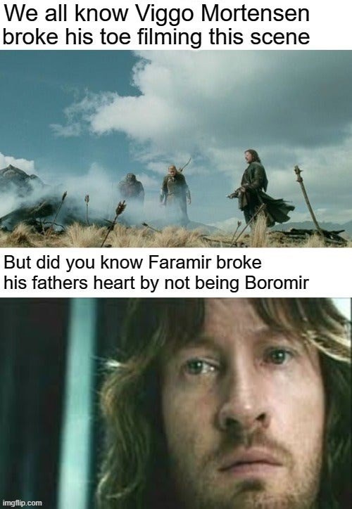 We all know Viggo Mortensen broke his toe filming this scene But did you know Faramir broke his fathers heart by not being Boromir imgflip.com