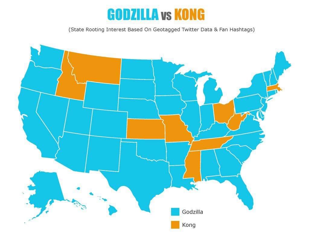 GODZILLA vs KONG (State Rooting Interest Based On Geotagged Twitter Data & Fan Hashtags) Godzilla Kong