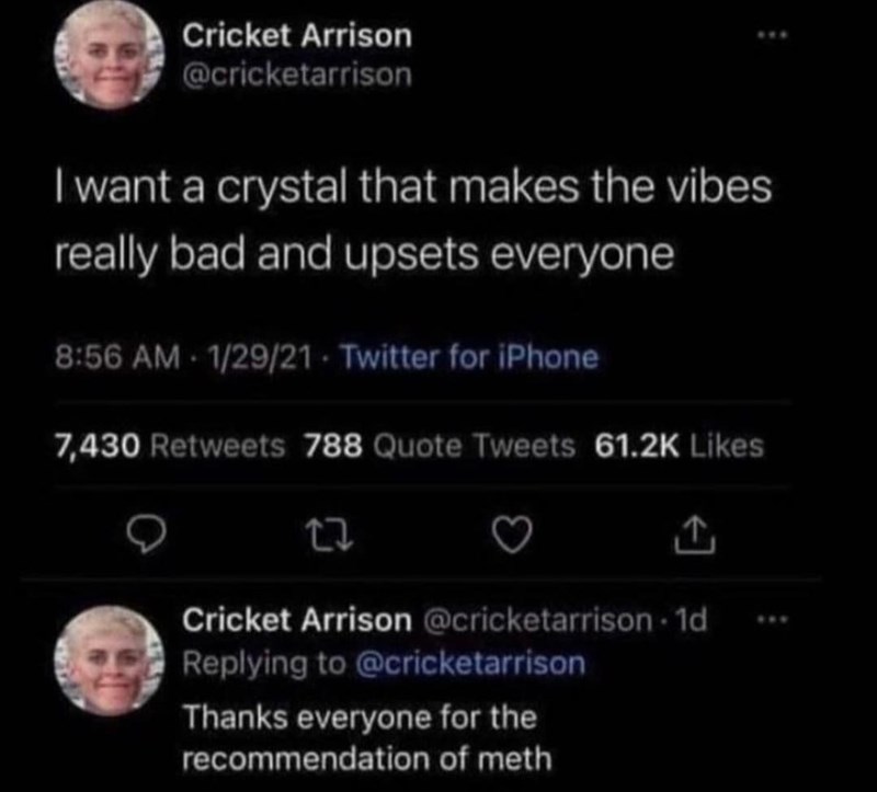 Cricket Arrison @cricketarrison I want a crystal that makes the vibes really bad and upsets everyone 8:56 AM - 1/29/21 · Twitter for iPhone 7,430 Retweets 788 Quote Tweets 61.2K Likes Cricket Arrison @cricketarrison 1d Replying to @cricketarrison Thanks everyone for the recommendation of meth