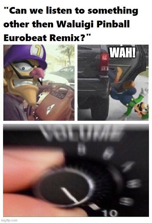 "Can we listen to something other then Waluigi Pinball Eurobeat Remix?" WAH! VOLUME 10 imgflip.com