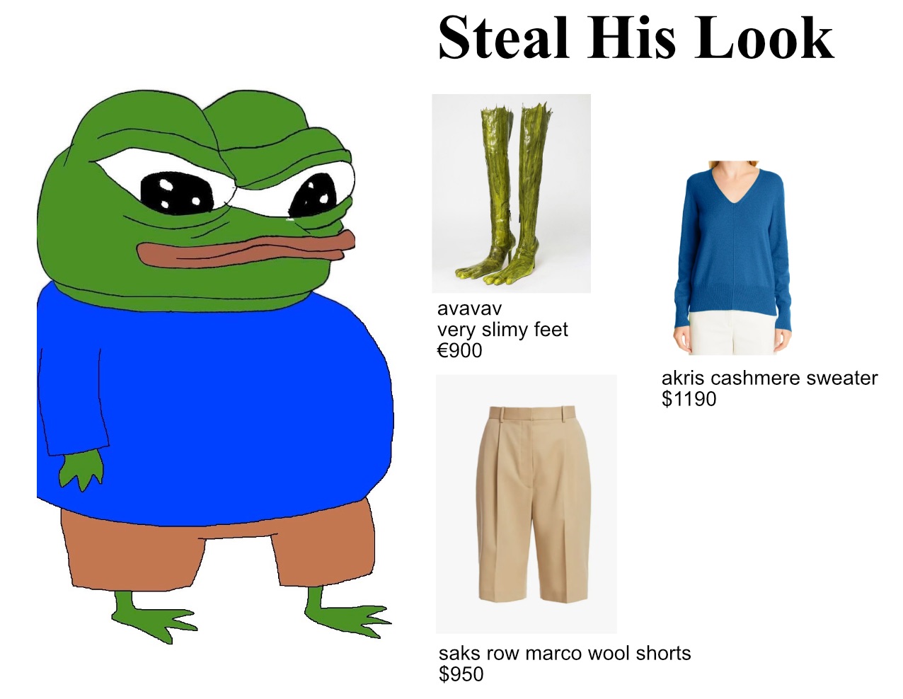 Steal His Look avavav very slimy feet €900 akris cashmere sweater $1190 saks row marco wool shorts $950