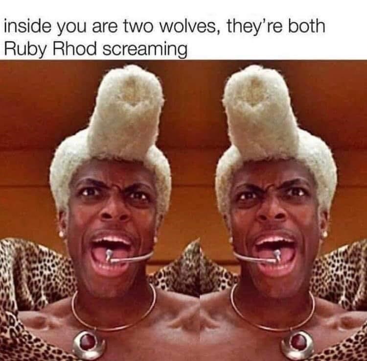 inside you are two wolves, they're both Ruby Rhod screaming