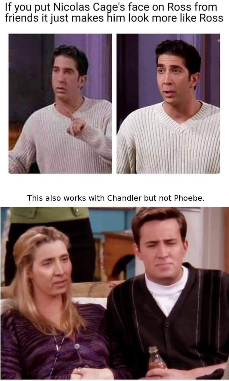 If you put Nicolas Cage's face on Ross from friends it just makes him look more like Ross This also works with Chandler but not Phoebe.