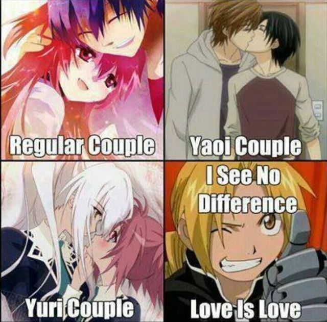 example of "Regular couple, Yaoi couple, Yuri couple, I see no difference, Love is Love" meme