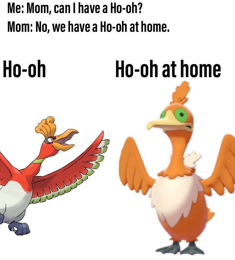 Me: Mom, can I have a Ho-oh? Mom: No, we havea Ho-oh at home. Но-oh Ho-oh at home