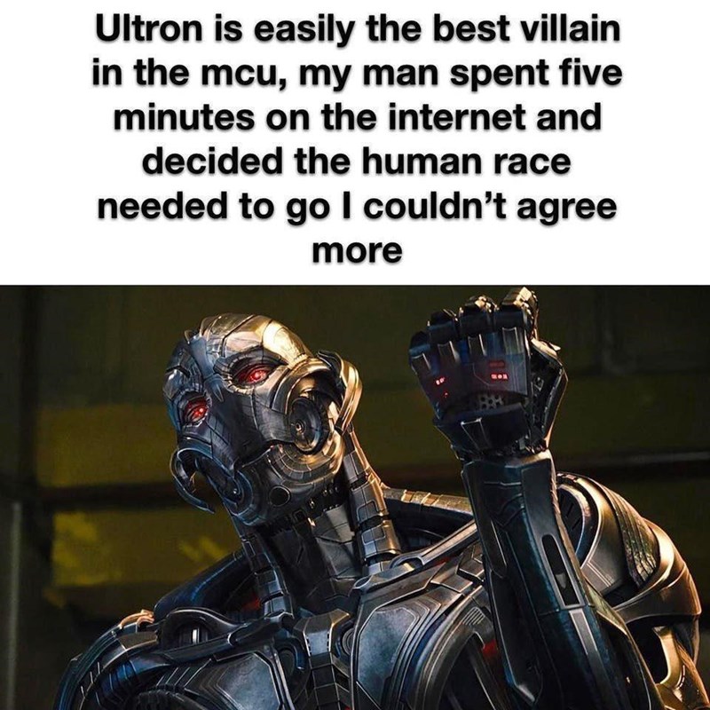 Ultron is easily the best villain in the mcu, my man spent five minutes on the internet and decided the human race needed to go I couldn't agree more