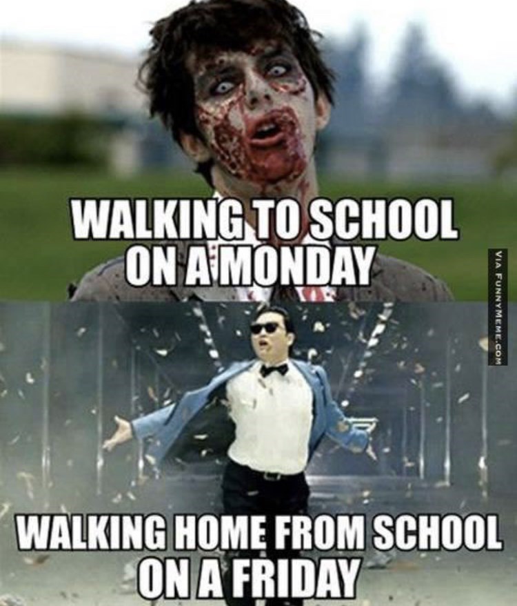 WALKING TO SCHOOL ON A MONDAY WALKING HOME FROM SCHOOL ON A FRIDAY VIA FUNNYMEME.COM