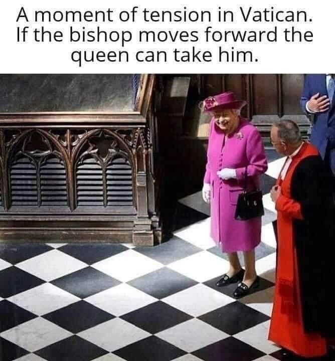 A moment of tension in Vatican. If the bishop moves forward the queen can take him.