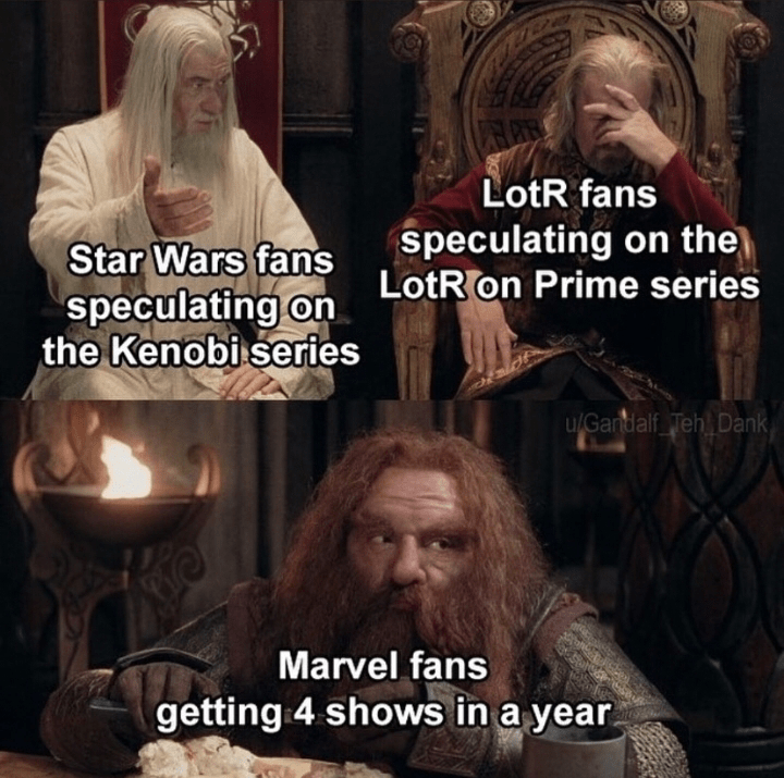 LotR fans speculating on the LotRon Prime series Star Wars fans speculating on the Kenobi series u/Gandalf Teh Dank Marvel fans getting 4 shows in a year.