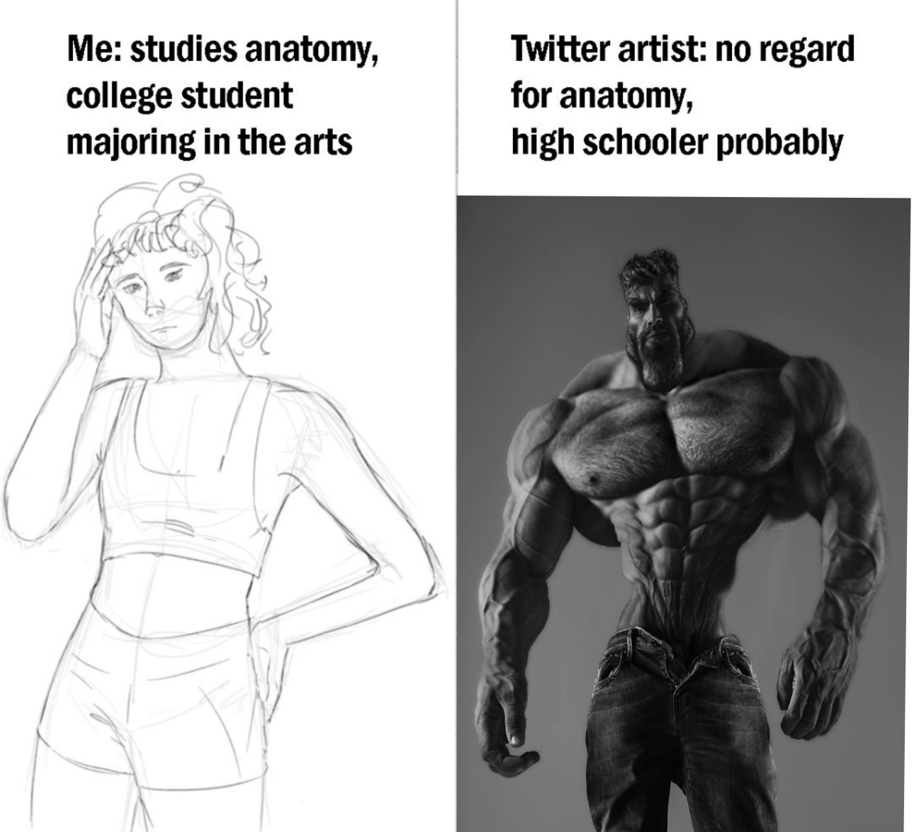 Me: studies anatomy, college student majoring in the arts Twitter artist: no regard for anatomy, high schooler probably
