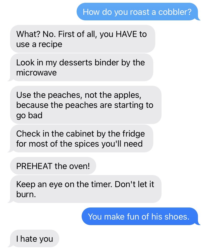 How do you roast a cobbler? What? No. First of all, you HAVE to use a recipe Look in my desserts binder by the microwave Use the peaches, not the apples, because the peaches are starting to go bad Check in the cabinet by the fridge for most of the spices you'll need PREHEAT the oven! Keep an eye on the timer. Don't let it burn. You make fun of his shoes. I hate you