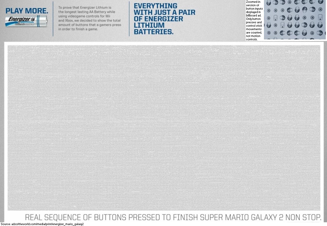 Zoomed-in version of To prove that Energizer Lithium is the longest lasting AA Battery while using videogame controls for Wii and Xbox, we decided to show the total amount of buttons that a gamers press in order to finish a game. EVERYTHING WITH JUST A PAIR OF ENERGIZER LITHIUM BATTERIES. button inputs displayed in billboard ad. Only button presses and control stiok movements are counted, not motion PLAY MORE. Energizere controls. REAL SEQUENCE OF BUTTONS PRESSED TO FINISH SUPER MARIO GALAXY 2 NON STOP. Source: adsoftheworld.com/mediałprintlenergizer_mario_galaxy2