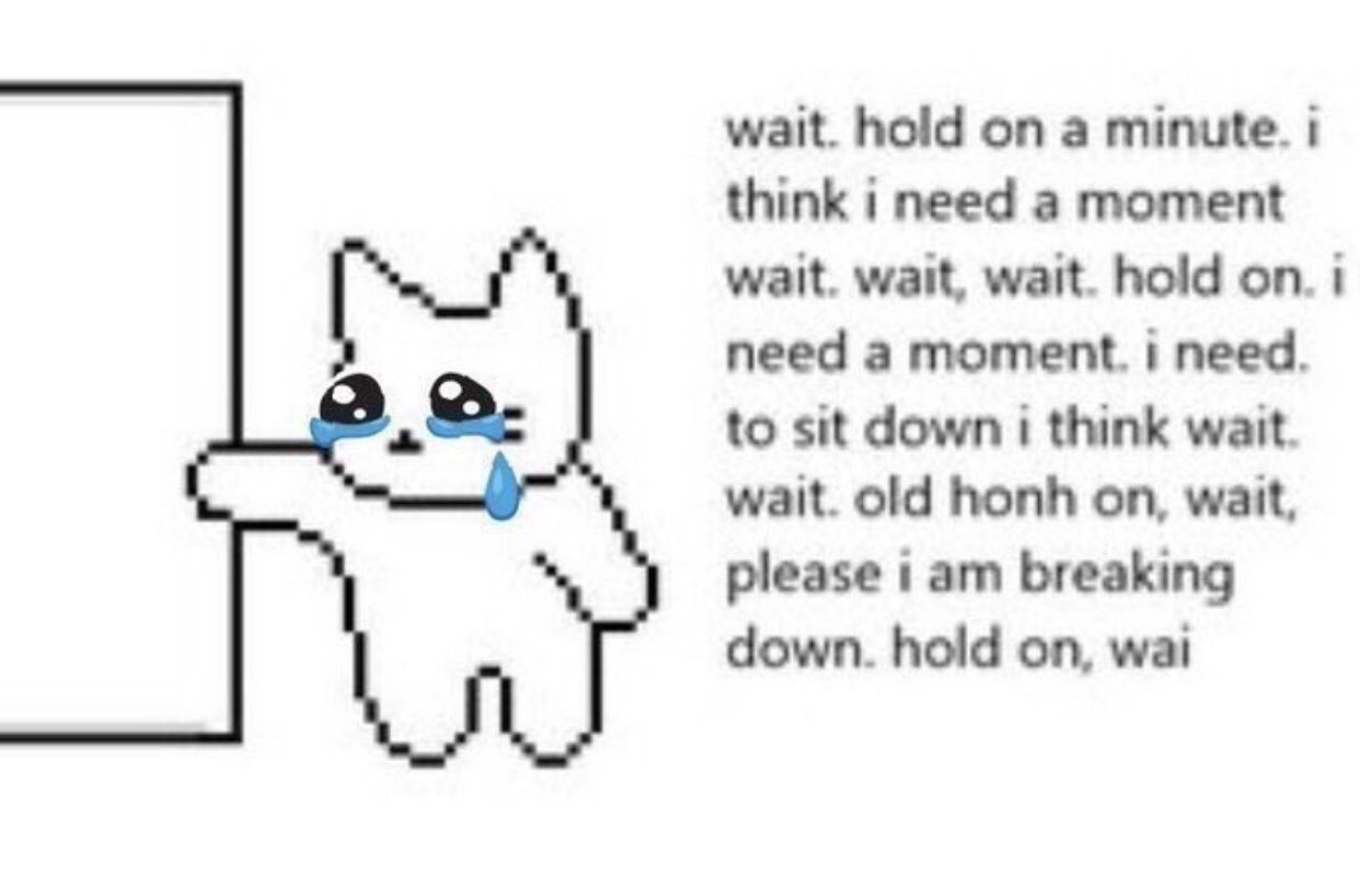 wait. hold on a minute. i think i need a moment wait. wait, wait. hold on. i need a moment. i need. to sit down i think wait. wait. old honh on, wait, please i am breaking down. hold on, wai