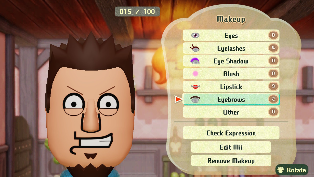 015 / 100 Makeup Eyes Eyelashes Eye Shadow Blush Lipstick 9. Eyebrows Other Check Expression Edit Mii Remove Makeup ®Rotate