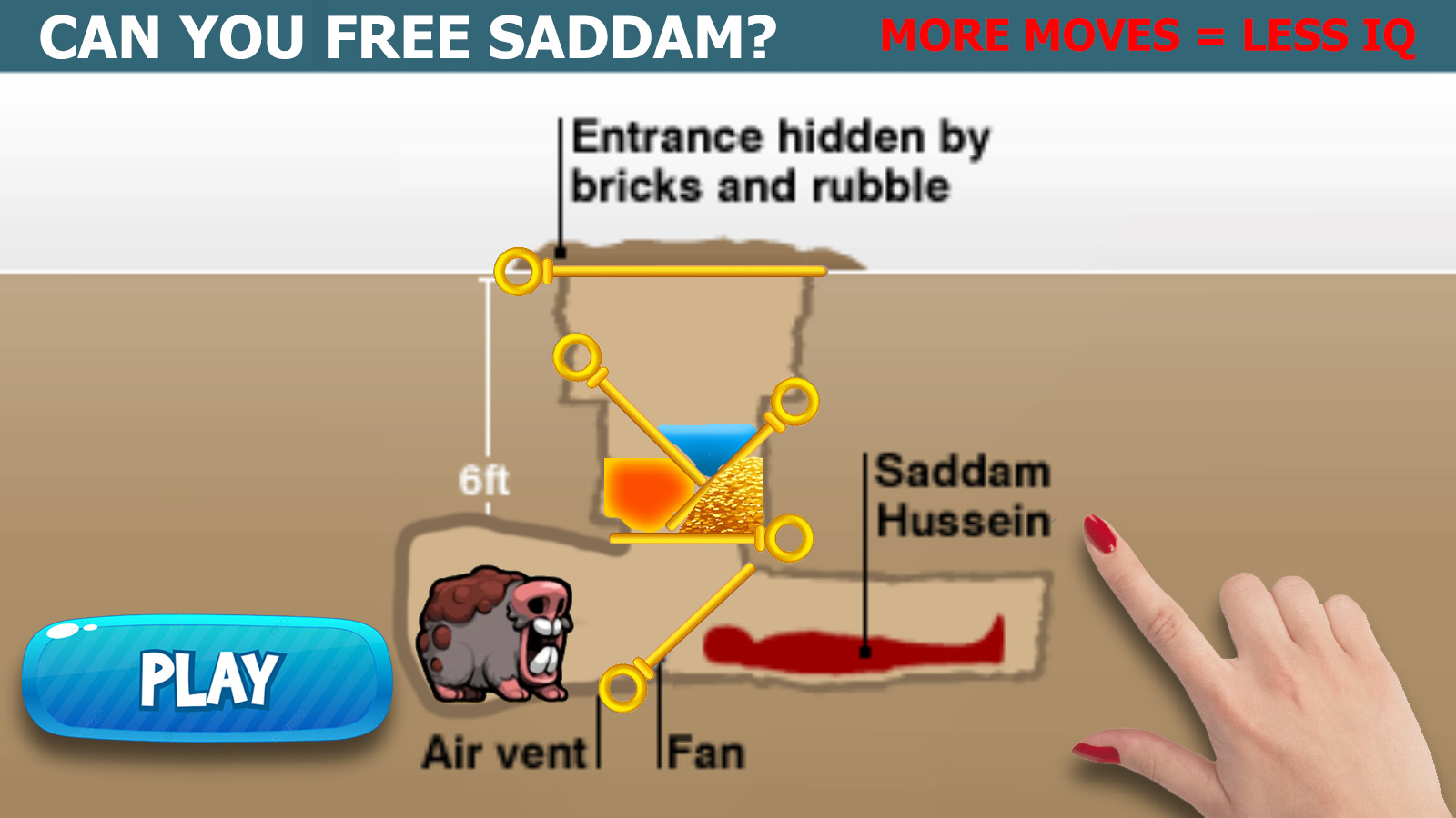 CAN YOU FREE SADDAM? MORE MOVES = LESS IQ |Entrance hidden by bricks and rubble Saddam Hussein 6ft PLAY Air ventl |Fan