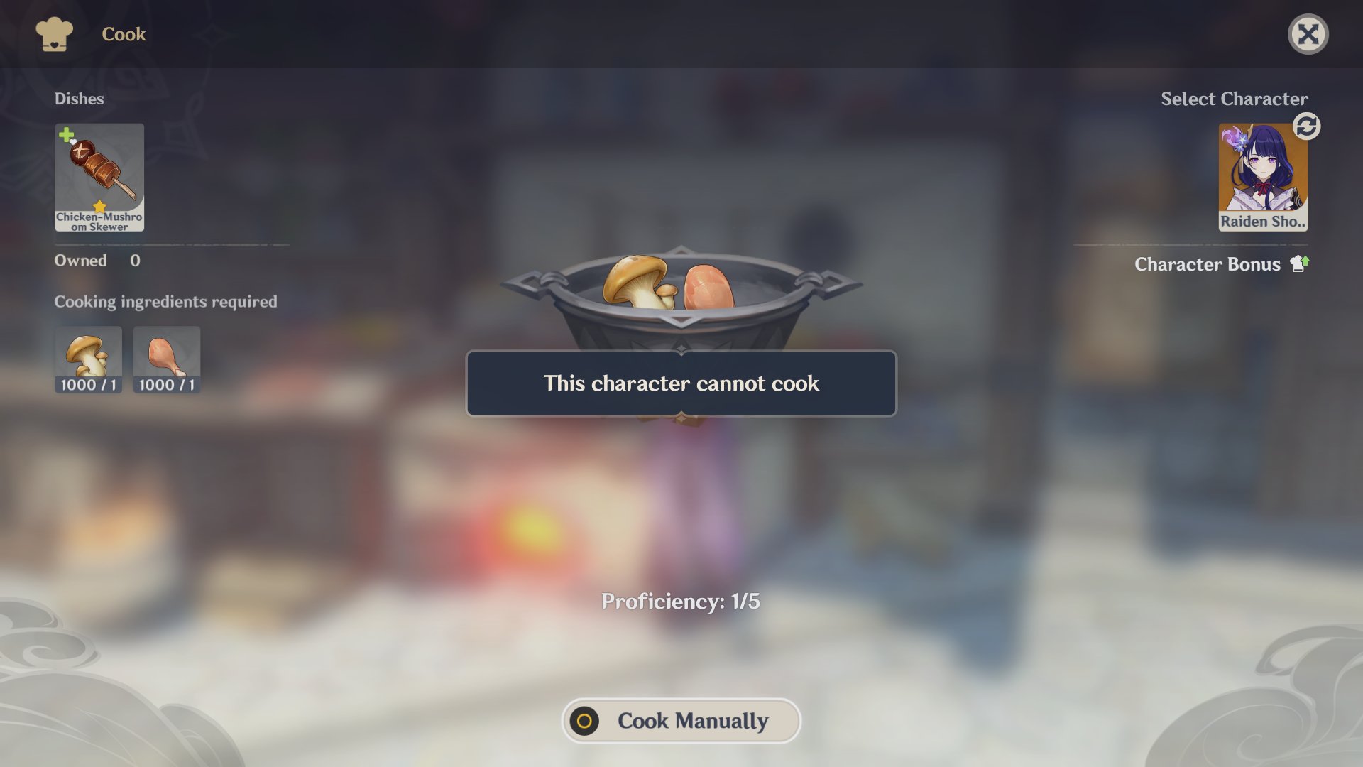 "As of the latest beta version, she is still unable to cook. When attempting to swap to her in the character list, you will be see a prompt.
If you enter the cooking pot with her as an active character, it won't let you proceed with cooking."