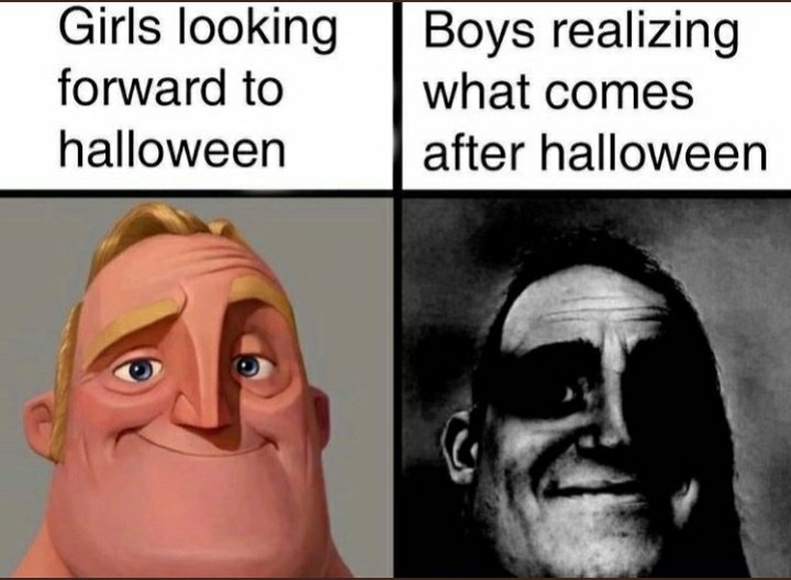 Girls looking Boys realizing what comes forward to halloween after halloween