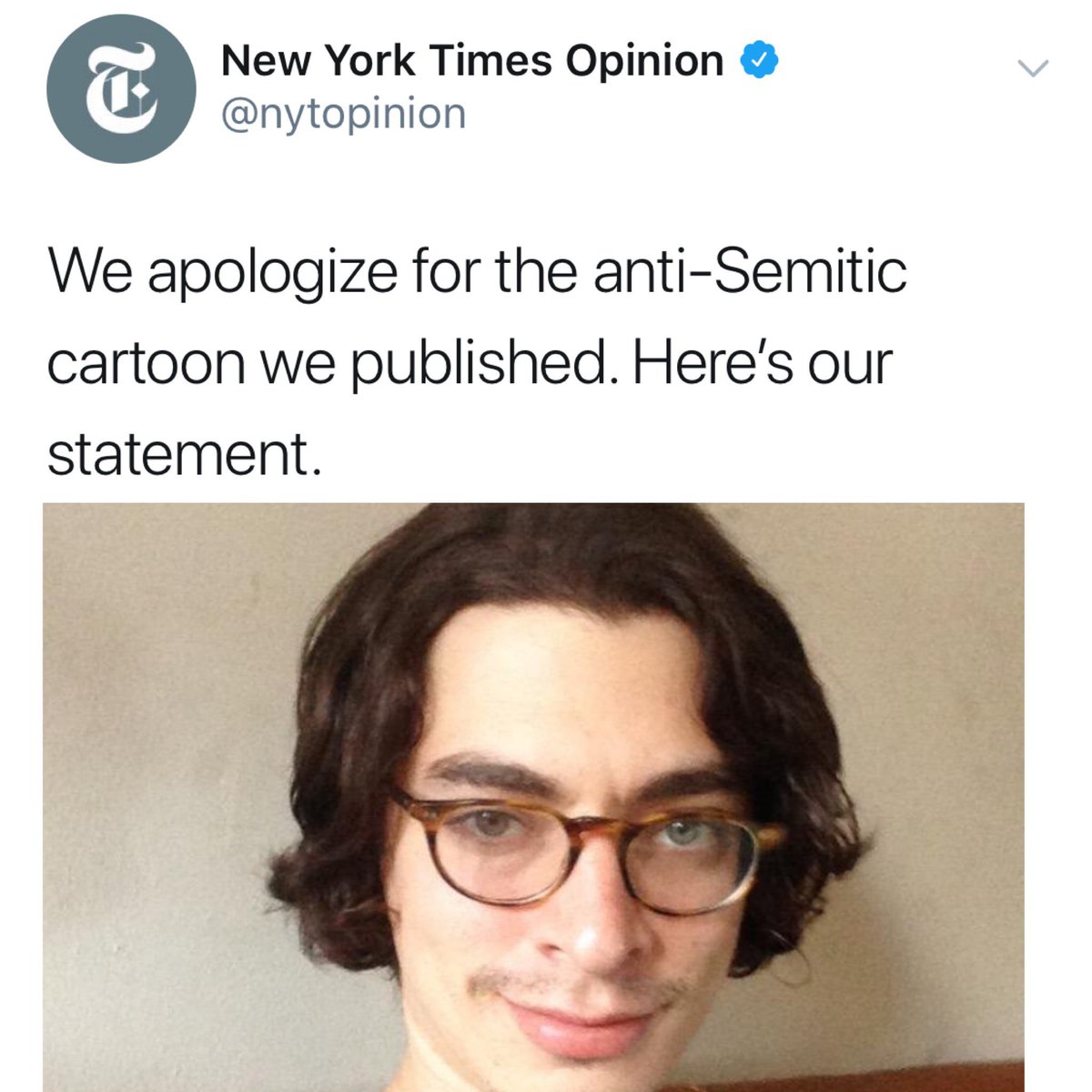 New York Times Opinion @nytopinion We apologize for the anti-Semitic cartoon we published. Here's our statement. >