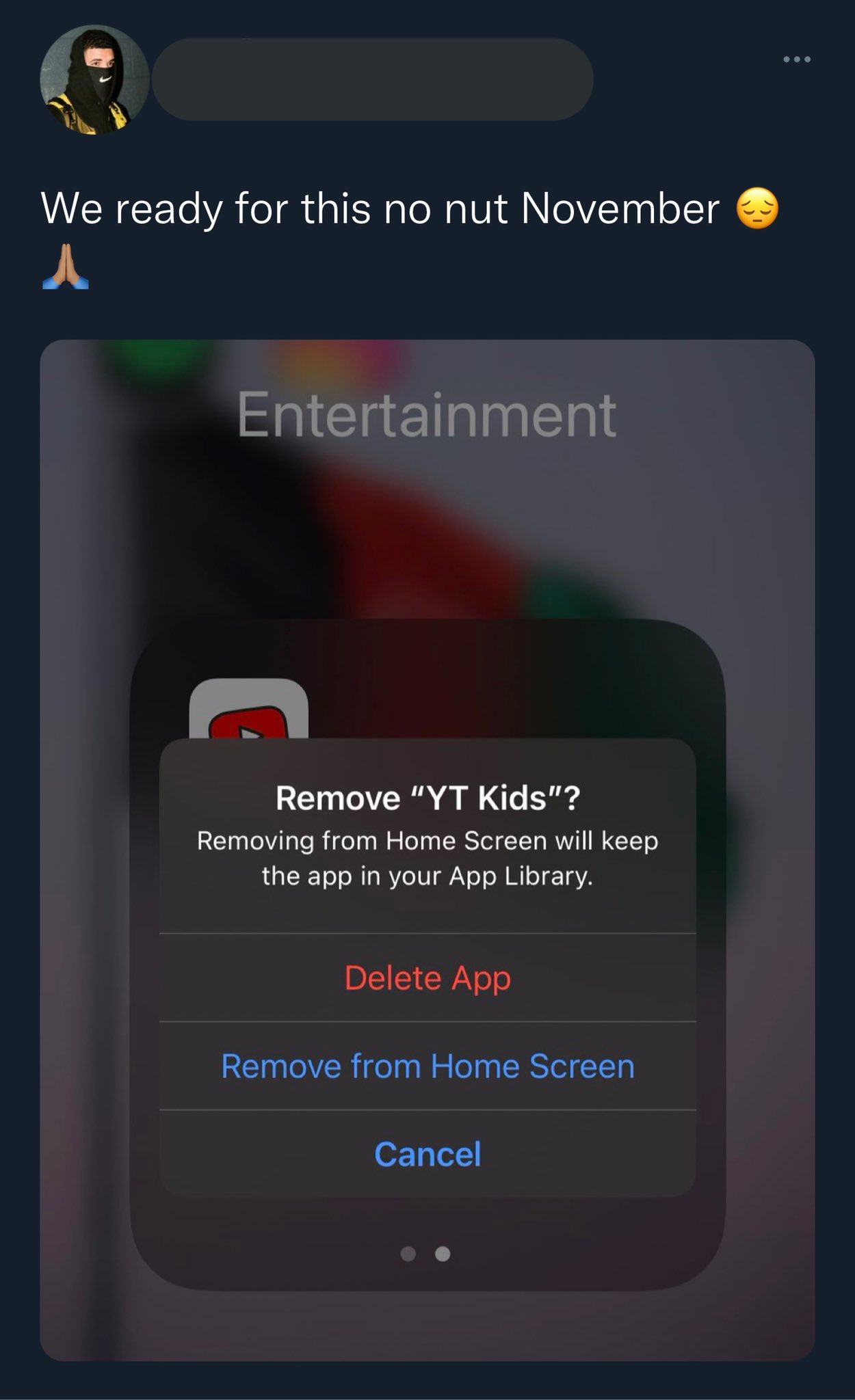 •.. We ready for this no nut November Entertainment Remove "YT Kids"? Removing from Home Screen will keep the app in your App Library. Delete App Remove from Home Screen Cancel