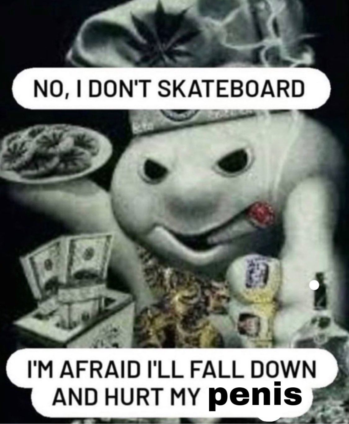 NO, I DON'T SKATEBOARD I'M AFRAID I'LL FALL DOWN AND HURT MY penis