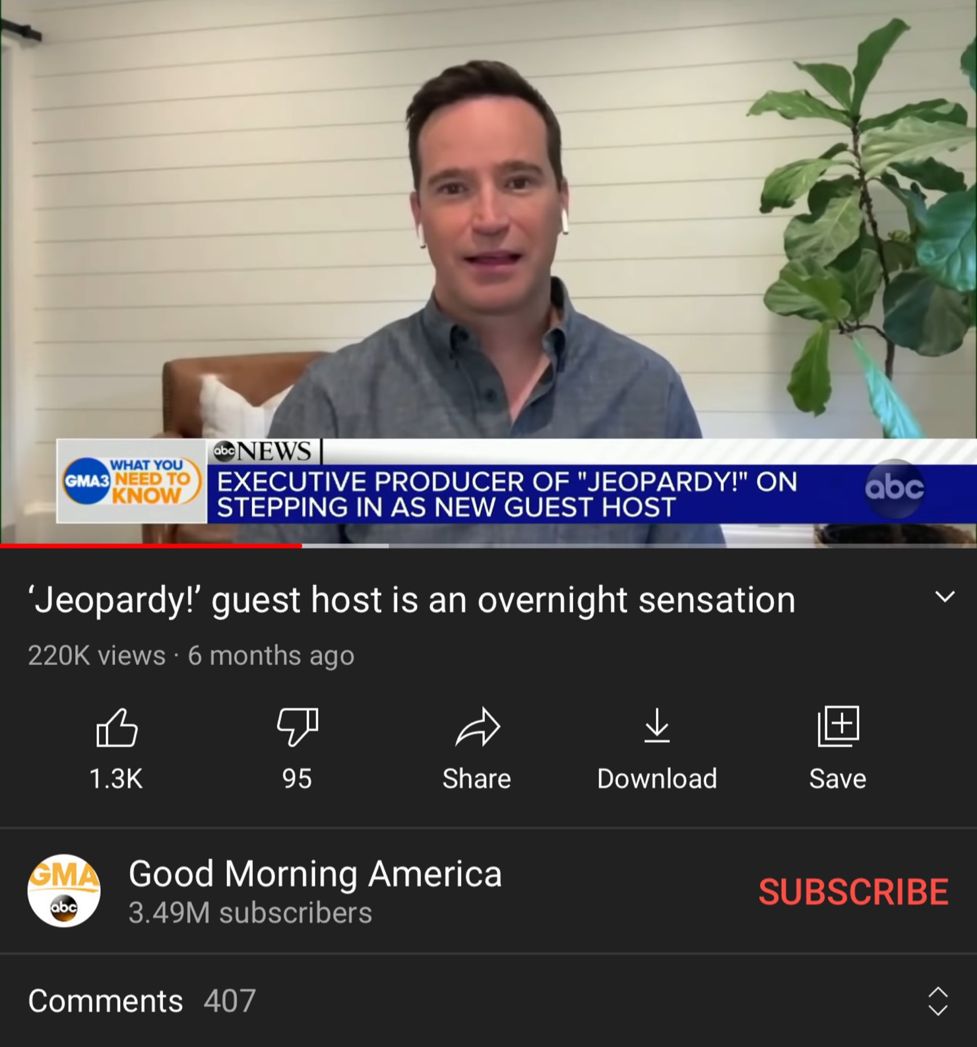 abe NEWS WHAT YOU GMA3 NEED TO EXECUTIVE PRODUCER OF "JEOPARDY!" ON STEPPING IN AS NEW GUEST HOST KNOW abc 'Jeopardy!' guest host is an overnight sensation 220K views · 6 months ago 1.3K 95 Share Download Save GMA Good Morning America SUBSCRIBE abc 3.49M subscribers Comments 407