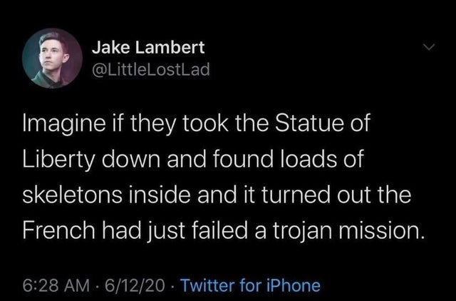 Jake Lambert @LittleLostLad Imagine if they took the Statue of Liberty down and found loads of skeletons inside and it turned out the French had just failed a trojan mission. 6:28 AM - 6/12/20 - Twitter for iPhone