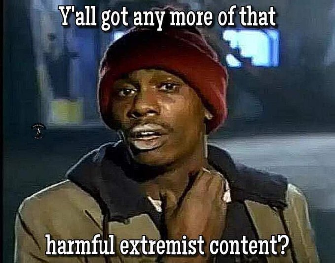 Y'all got any more of that harmful extremist content?