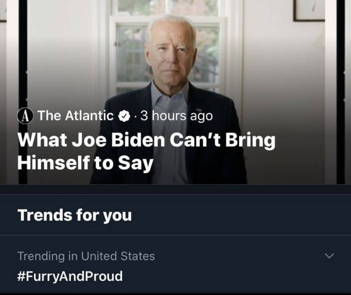 A The Atlantic O.3 hours ago What Joe Biden Can't Bring Himself to Say Trends for you Trending in United States #FurryAndProud