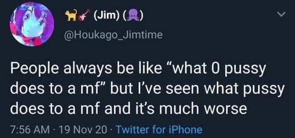 HY (Jim) (A) @Houkago_Jimtime People always be like "what 0 p---- does to a mf" but I've seen what p---- does to a mf and it's much worse 7:56 AM 19 Nov 20 · Twitter for iPhone